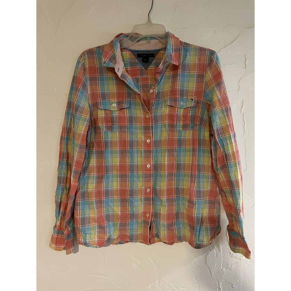 Tommy Hilfiger Women’s L Pink White Plaid Button-Up Long Sleeve Shirt Top Blouse
